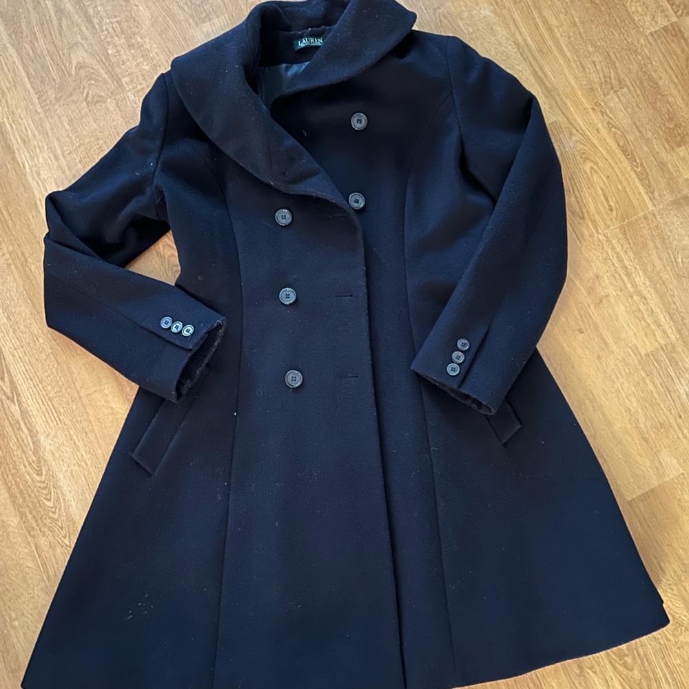 LAUREN RALPH LAUREN Double Breasted Wool Blend Peacoat Black Size 14
